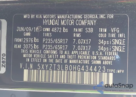 2017 Hyundai Santa Fe Sport 2.4L z USA, uszkodzony, nr VIN 5XYZT3LB0HG434423